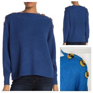 Philosophy Button Shoulder Dolman Boatneck Sweater Balloon Sleeve Blue S